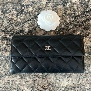 Chanel Black Lambskin Flap Wallet With Silver CC